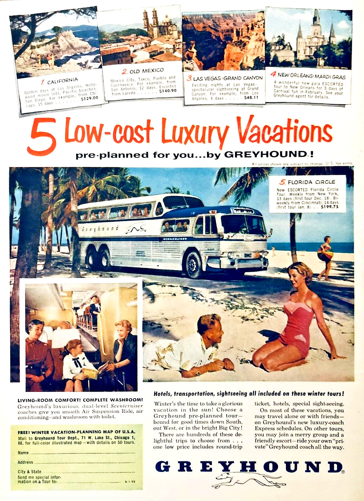 GREYHOUND BUS VACATIONS—CALIF MIAMI MEXICO LAS VEGAS NEW ORLEANS—1956 PRINT AD