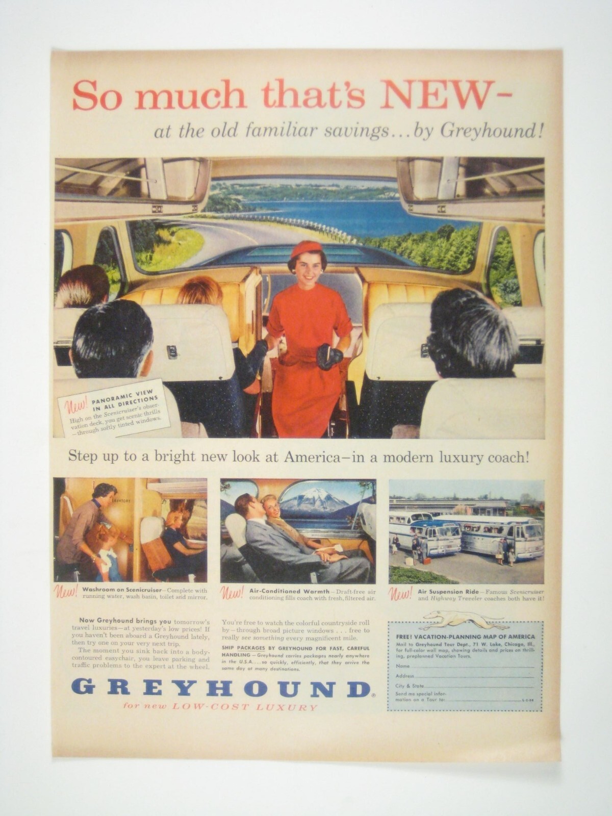1956 Vintage Greyhound Print Ad Bus Luxury Travel Experience Coach MOD