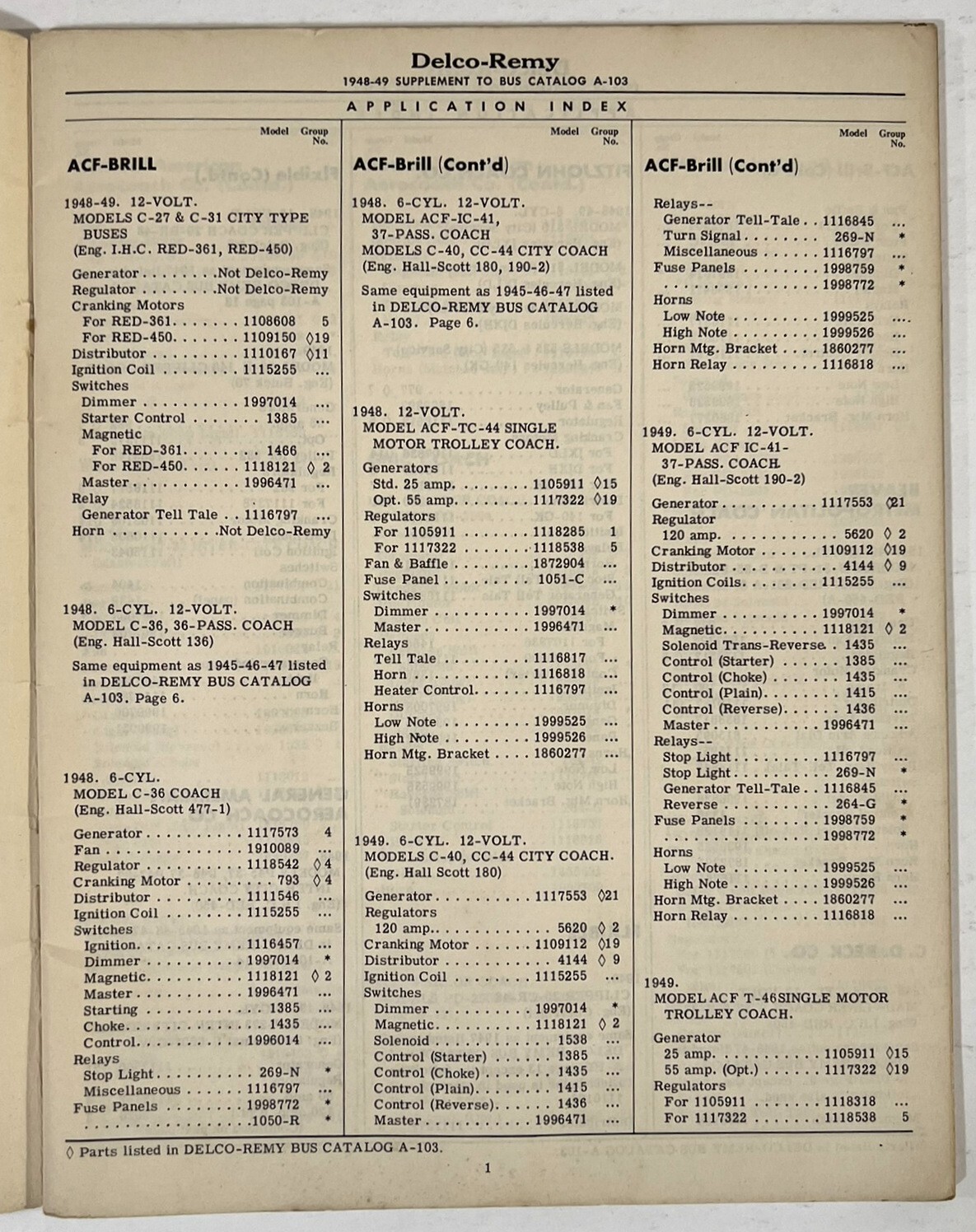 DELCO-REMY 1950 BUS CATALOG A-103A 1948-1949 * ELECTRICAL SERVICE PARTS