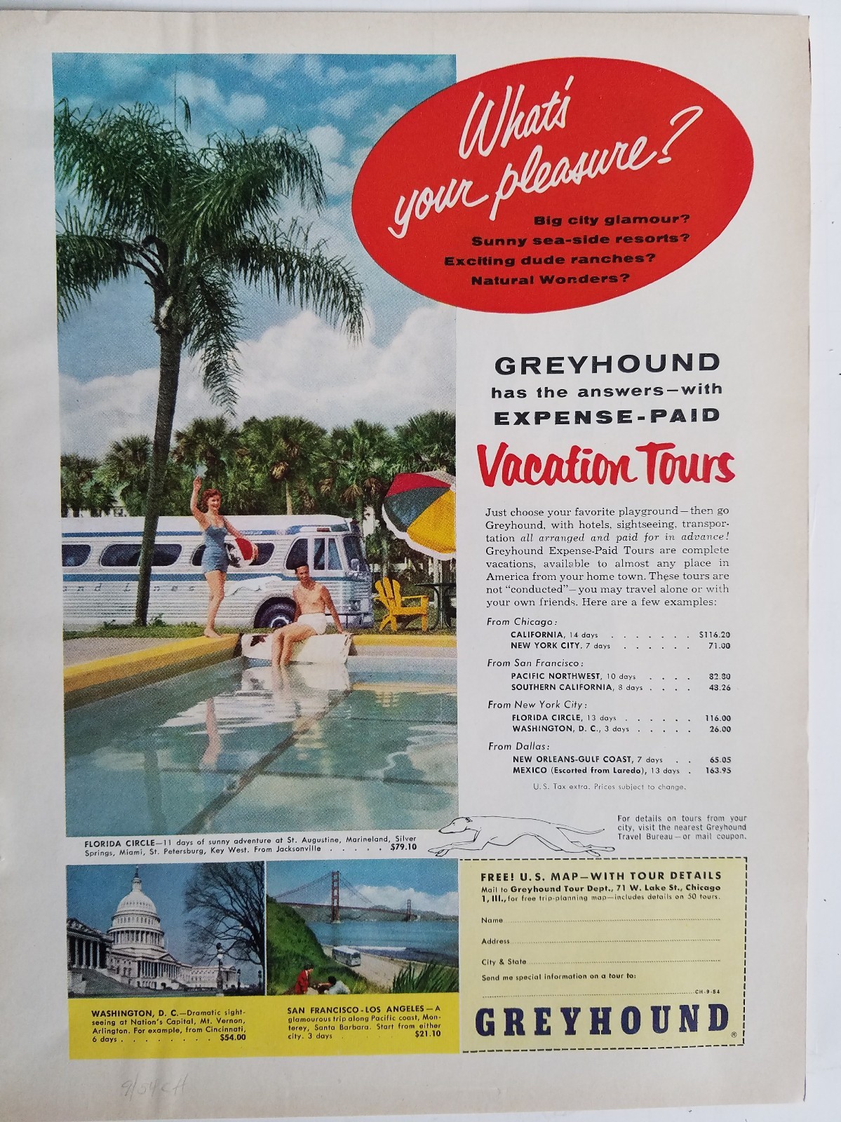 1954 Greyhound bus Florida vintage swimming pool vacation tours ad