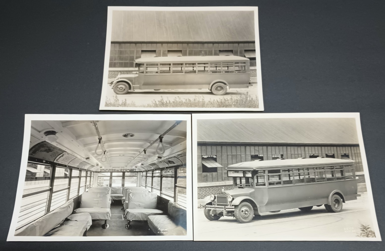 (3) 1927 8×10 photos Mack AB Bus THREE FACTORY VIEWS incl. Interior Shot