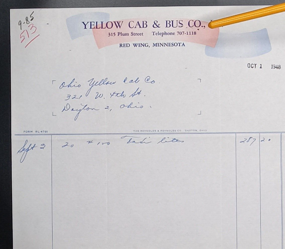 Red Wing Minnesota Yellow Cab Bus Co. Letterhead Bill “Taxi Lites” Vintage 1948