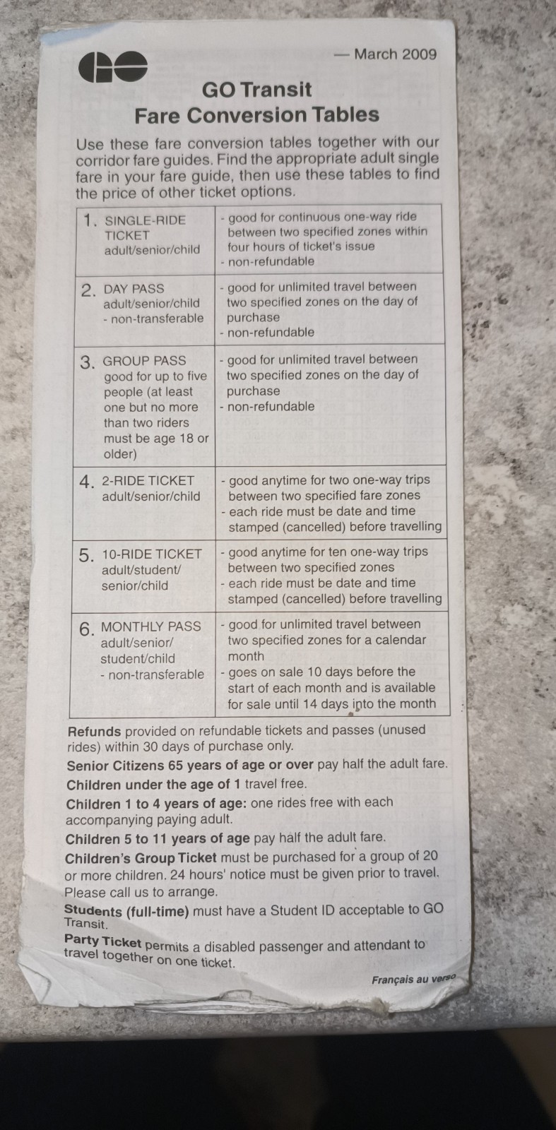 Vintage GO Transit Fare Conversion Tables March 2009 – Bus Driver Issue Ephemera
