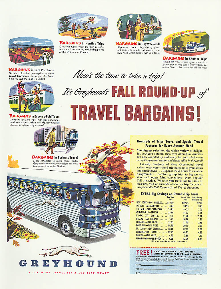 Fall Round-Up Travel Bargains! 1950 Greyhound bus ad