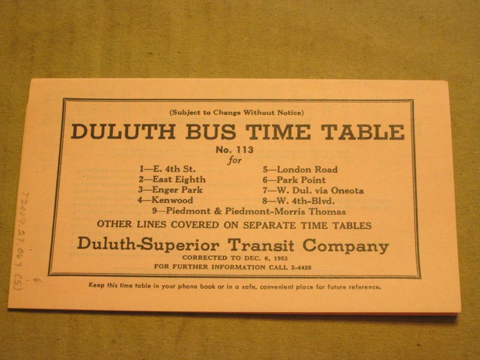Duluth-Superior Transit Bus Time Table – Duluth Dec. 6 1953