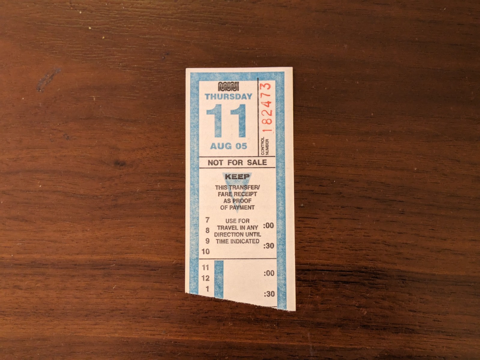 Vintage SF MUNI paper Bus Transfer San Francisco – Rare – Sunday Aug 11th, 2005