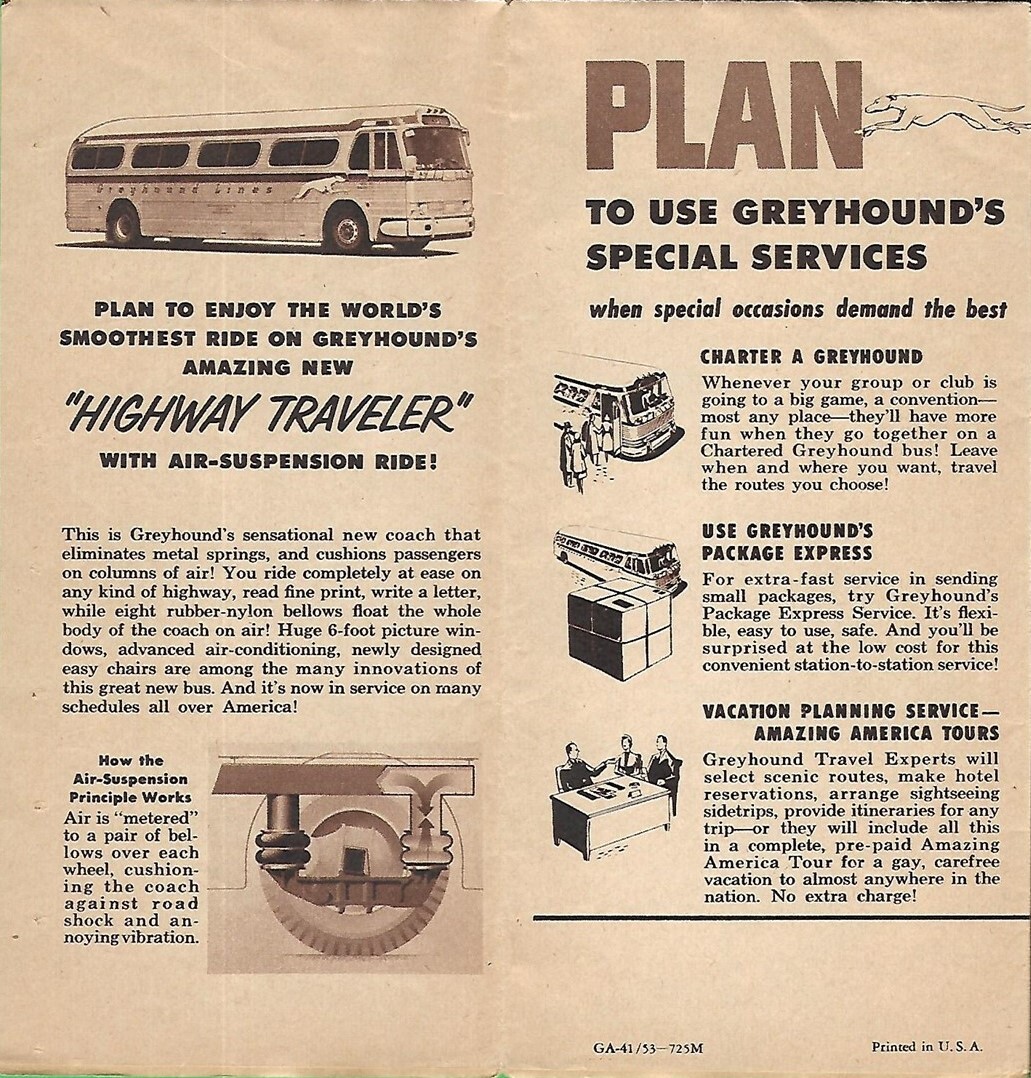 1953 GREYHOUND BUS Trip Planning Map UNITED STATES Names “Greyhound Key” Florida
