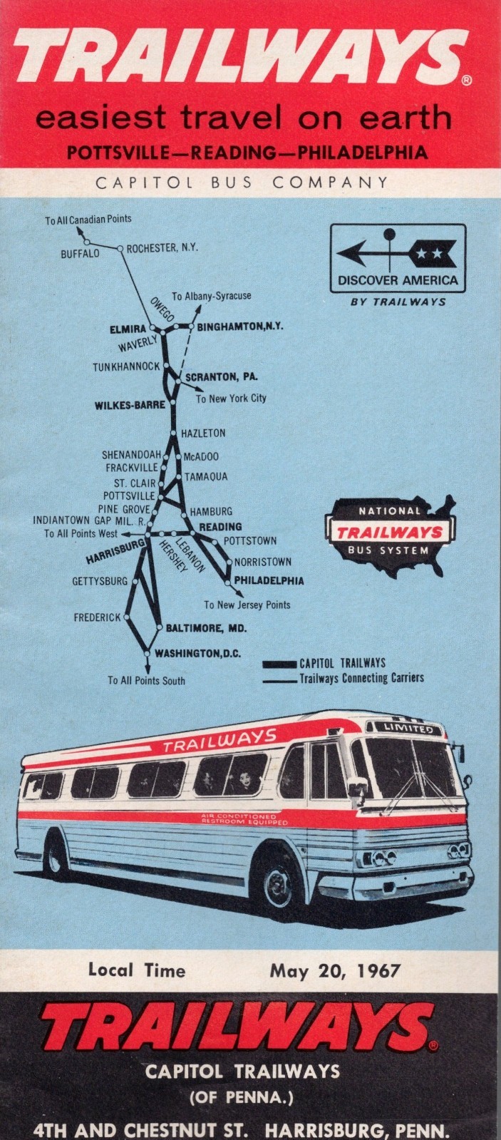 1967 Trailways Bus Schedule Capitol Trailways Harrisburg PA Philadelphia Map