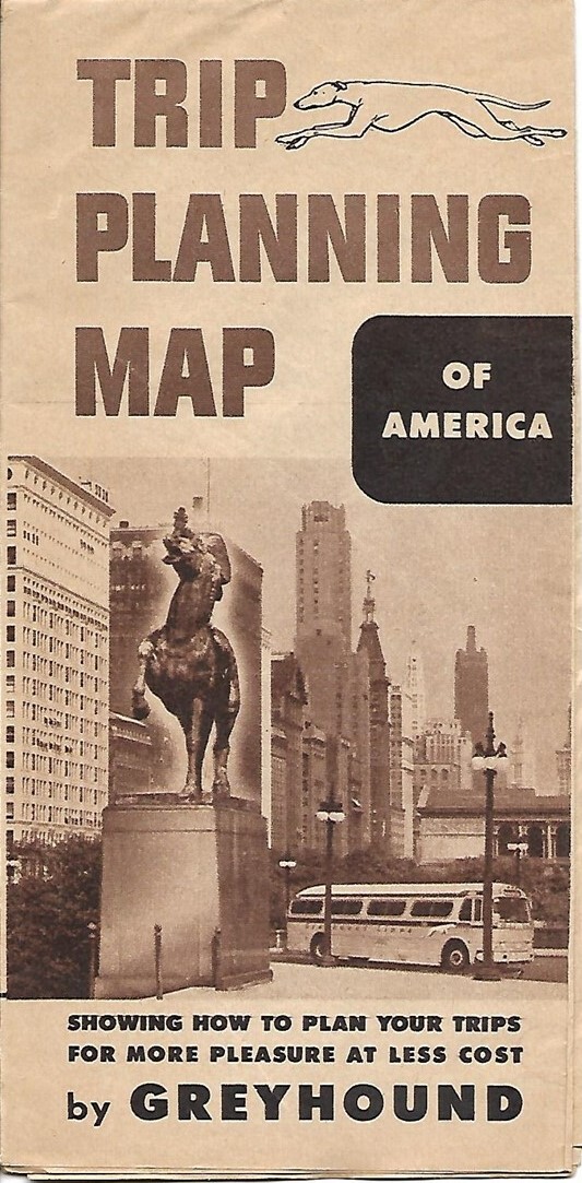 1953 GREYHOUND BUS Trip Planning Map UNITED STATES Names “Greyhound Key” Florida