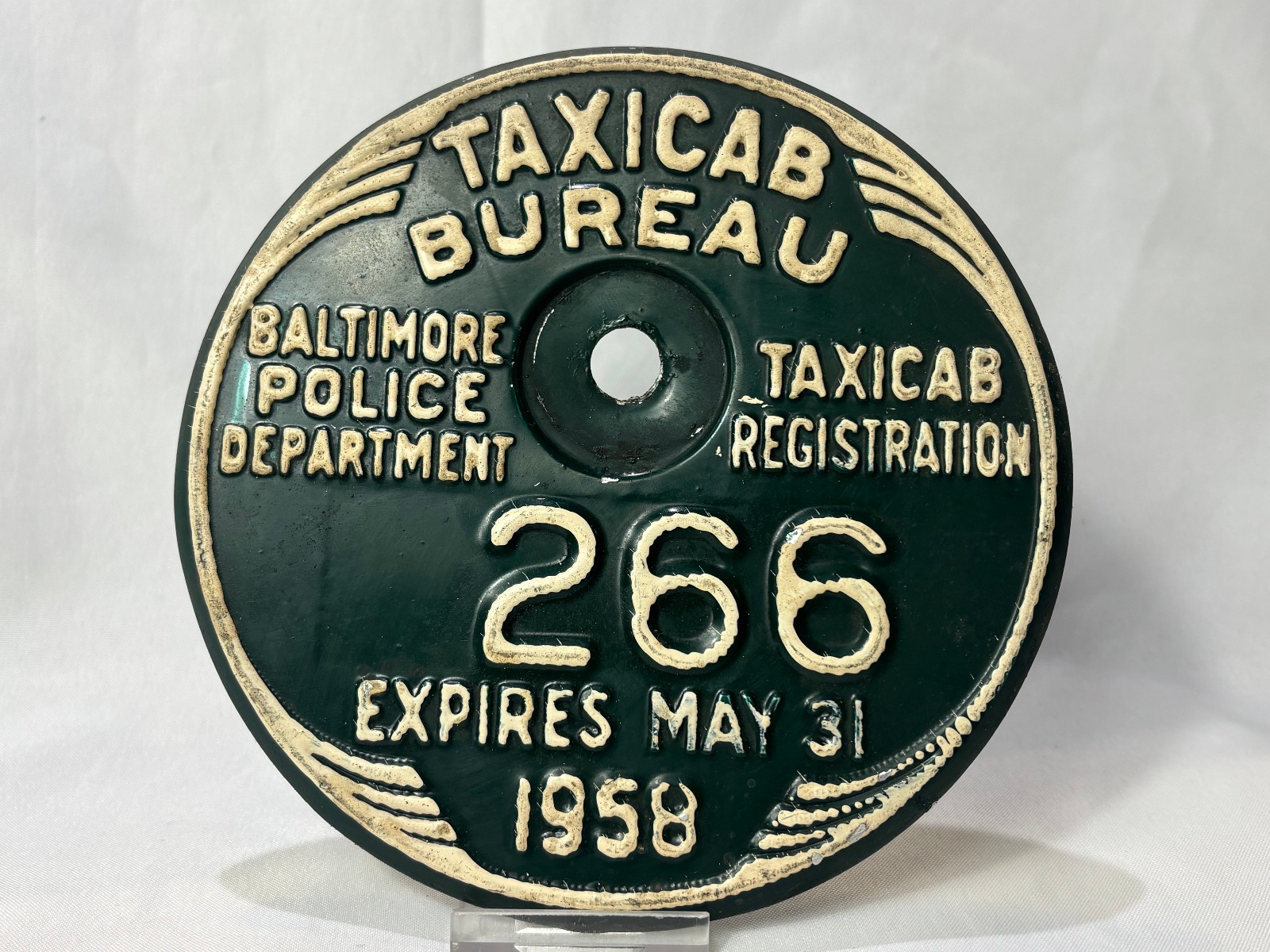 1958 Baltimore Police Department Taxicab Bureau #266 Metal Registration Plate