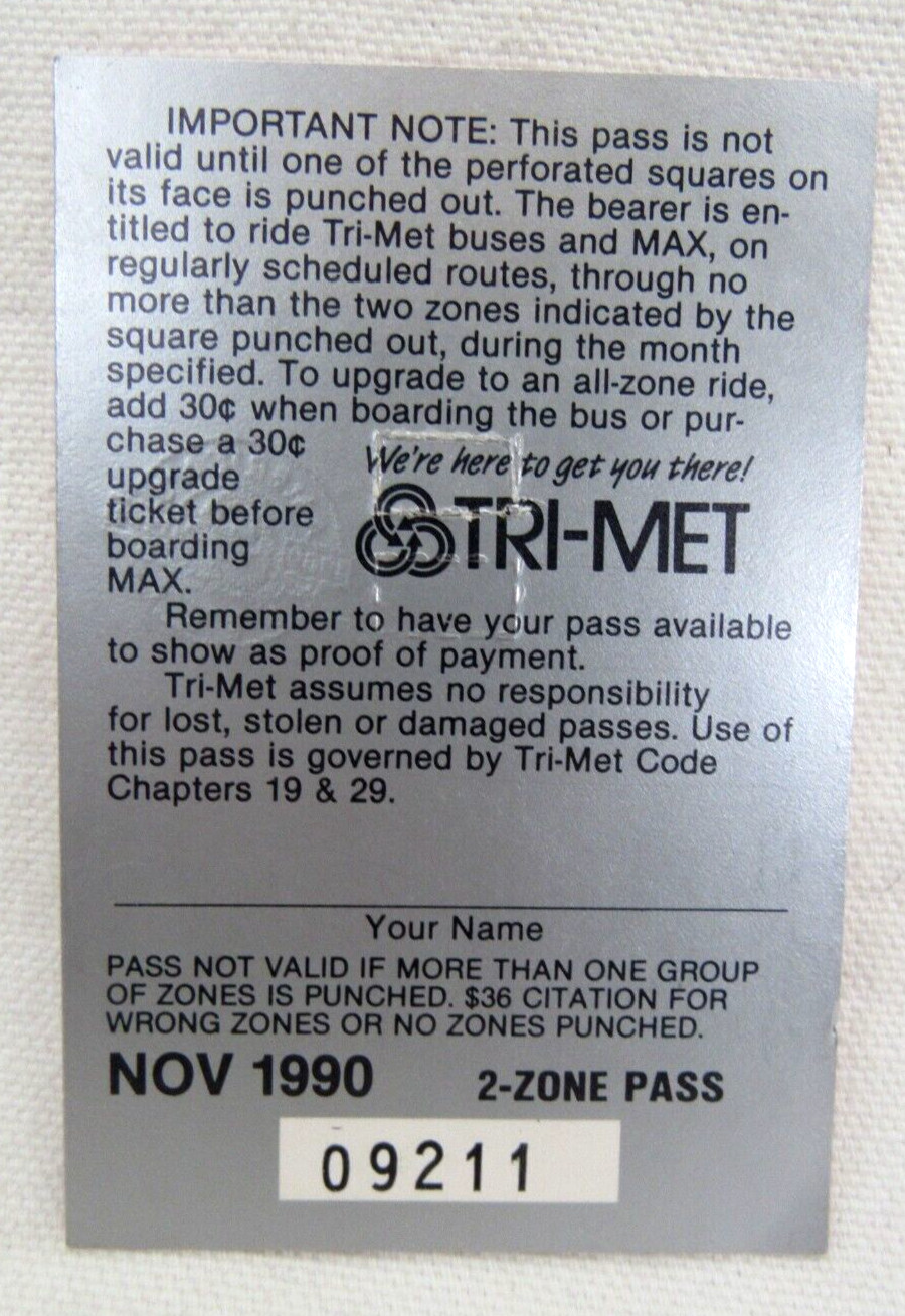 Vintage Tri-Met Bus & Max Light Rail Nov. 1990 Monthly Pass Portland Oregon OR