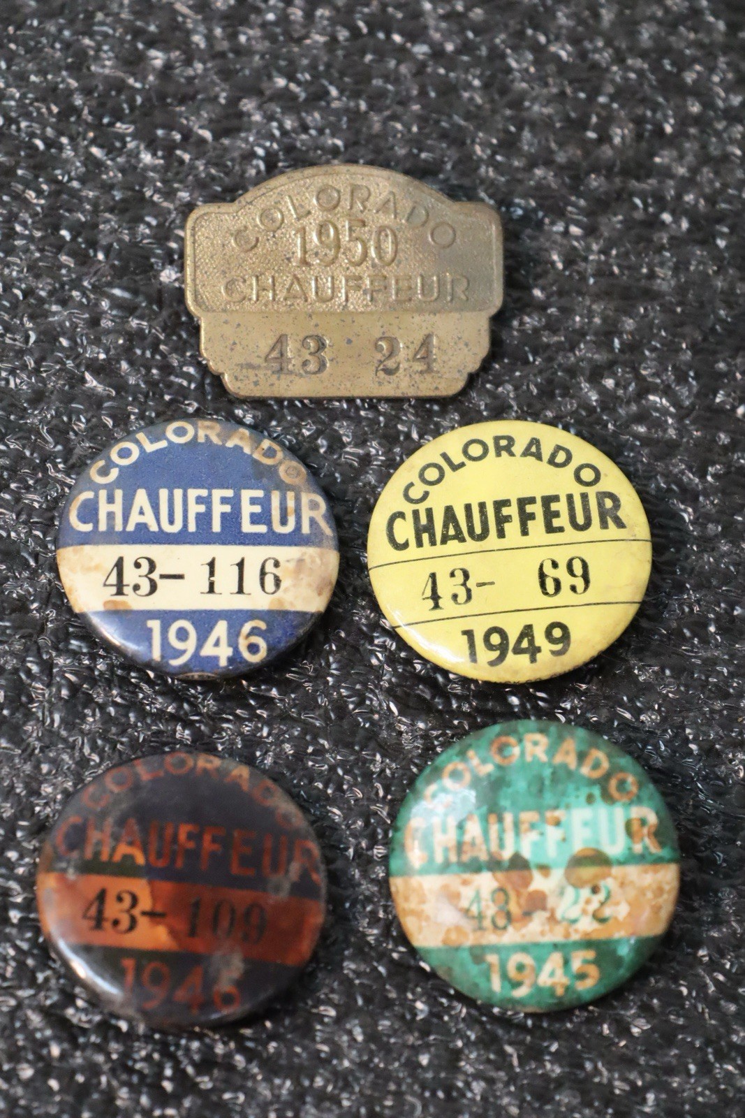 Lot Of 1945-1950 Colorado Chauffeur Pins, Tin WWII And One Brass
