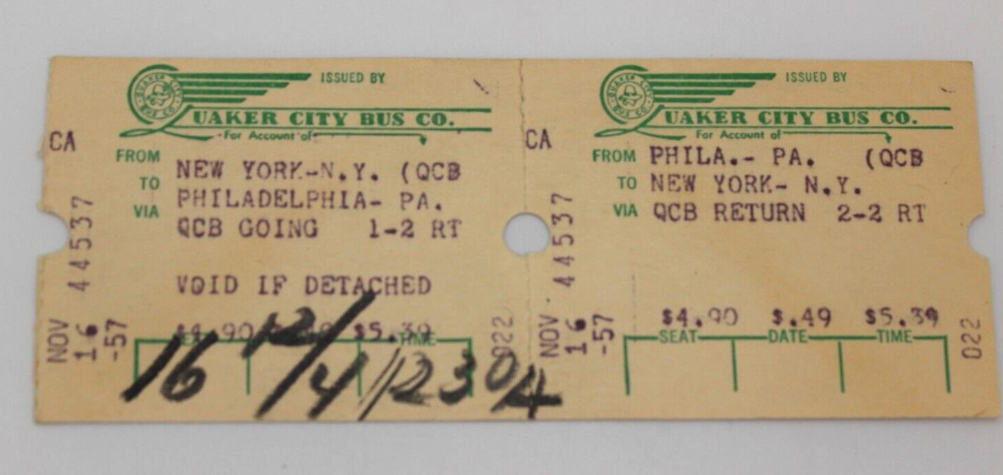 Vintage Uaker City Bus Ticket Round trip Phila-New York 1957