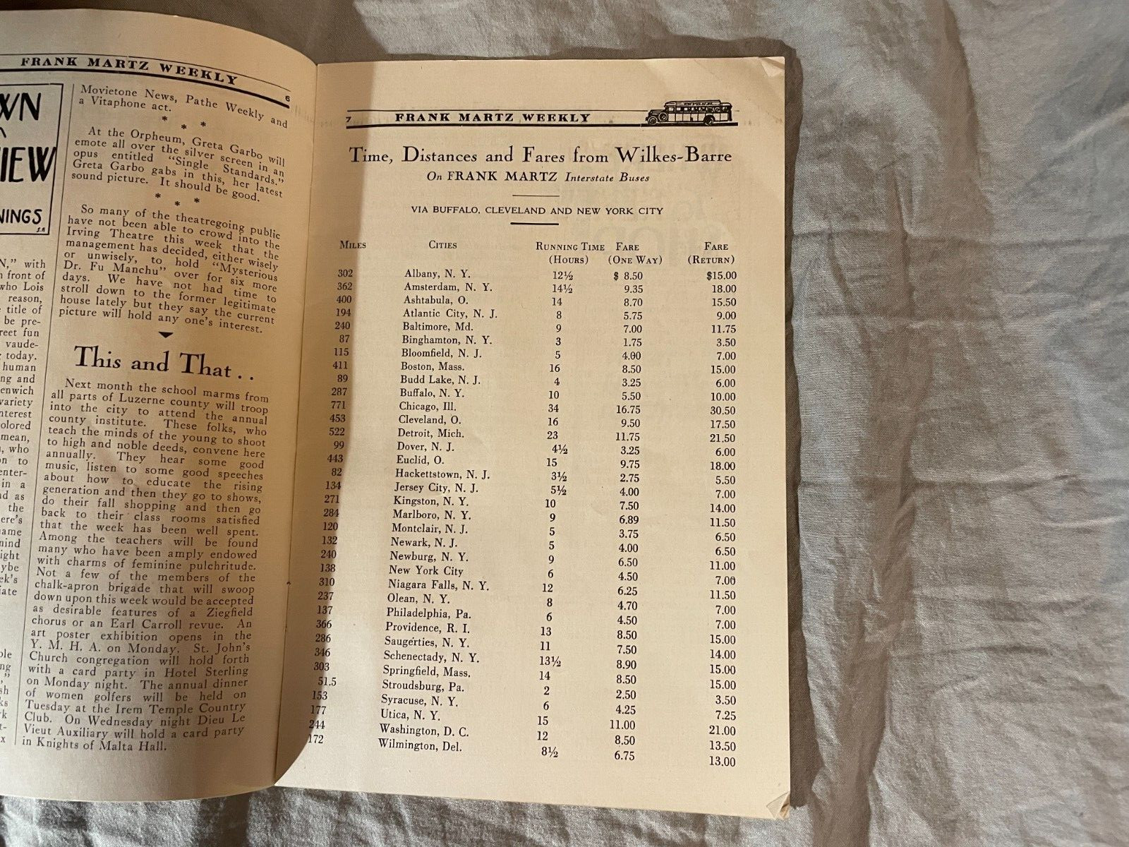 Frank Martz Coach Bus Weekly Timetable 1929 NYC New York City Wilkes Barre PA NY