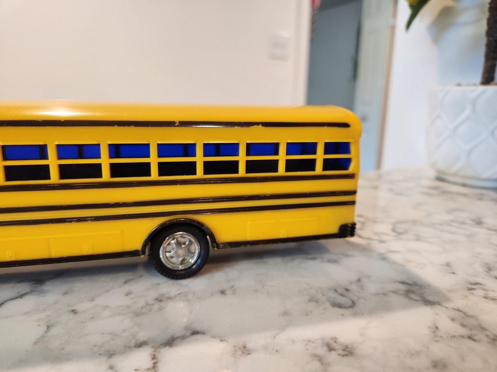 Vtg Yellow Blue Bird School Bus Jimson No. 330 Coin Bank Plastic 10” With Plug
