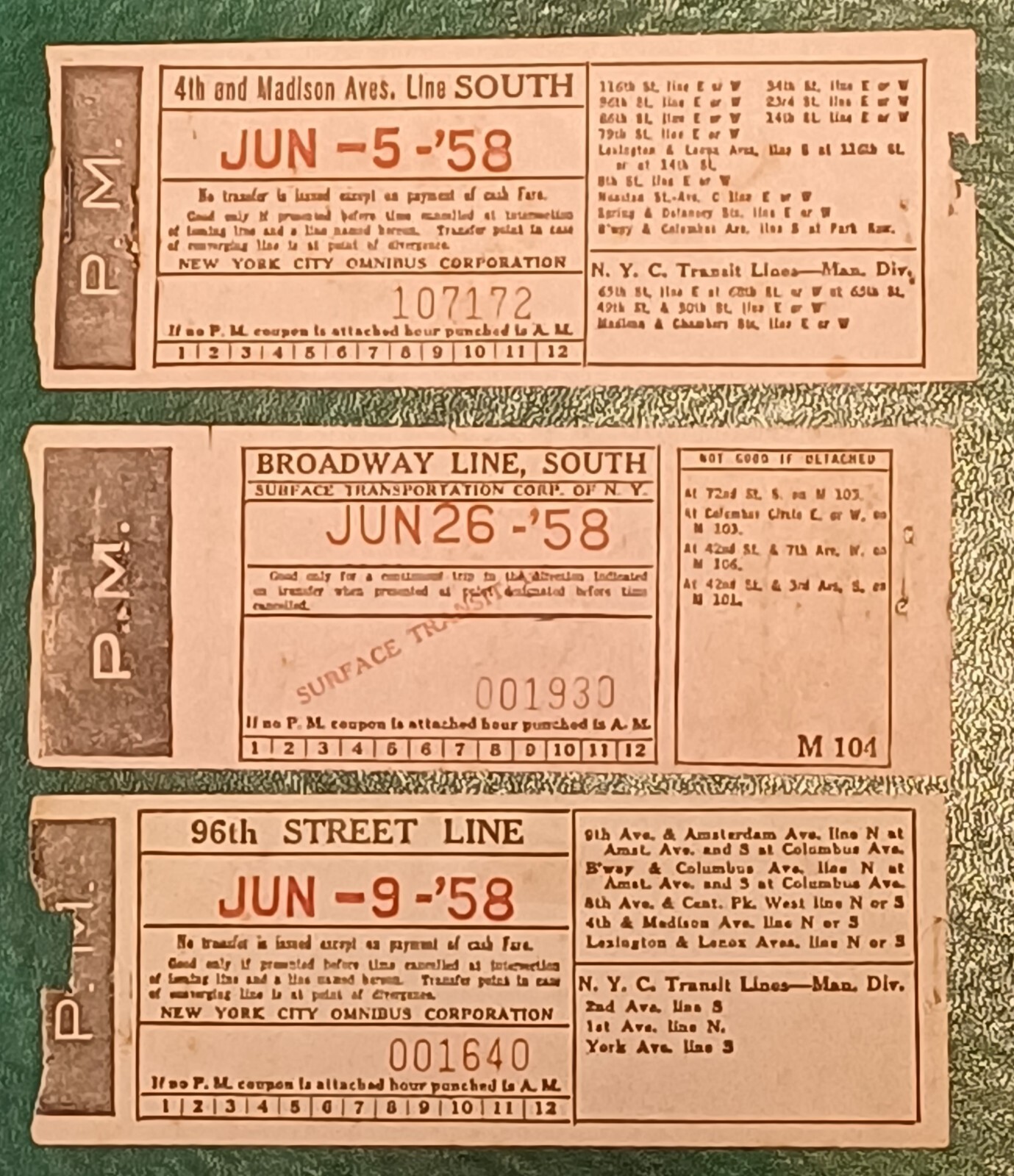USA NEW YORK OMNIBUS 1958 3 TICKETS BRODWAY 96TH STREET 4TH & MADISON LINES VFU