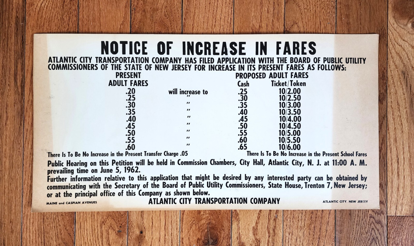 1962 ATLANTIC CITY TRANSPORTATION CO ACTC BUS FARE INCREASE NOTICE POSTER NJ –
