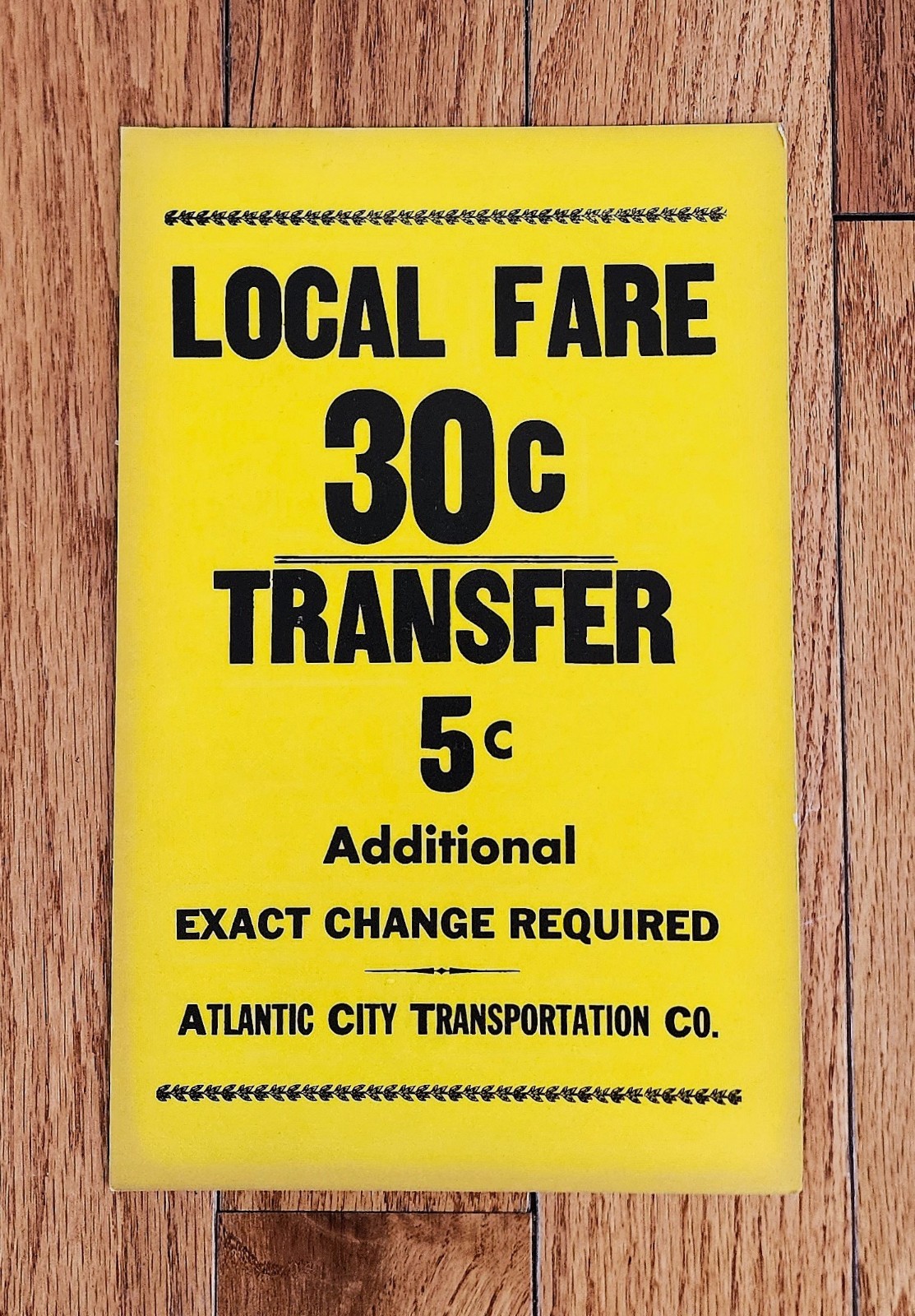 VINTAGE ATLANTIC CITY TRANSPORTATION CO. ATC BUS FARE NOTICE SIGN NEW JERSEY NJ