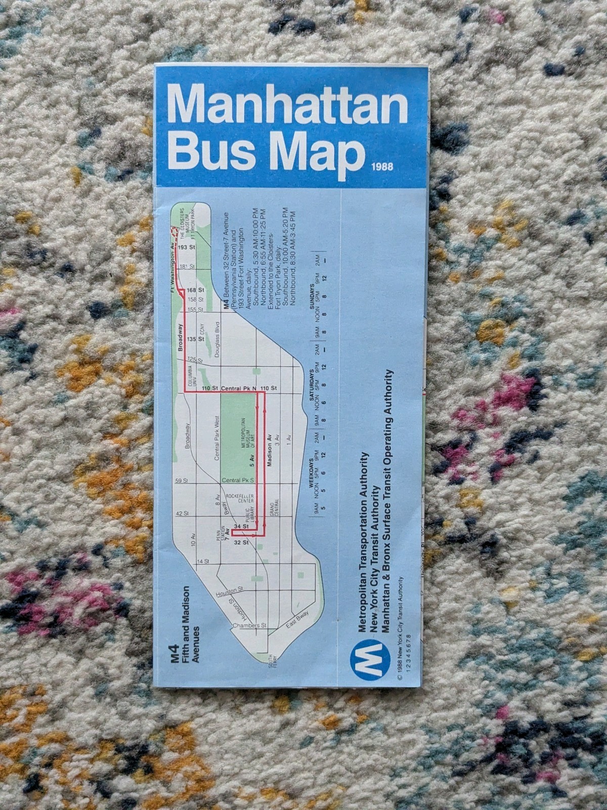 MTA New York City Transit Manhattan Bus Map 1988