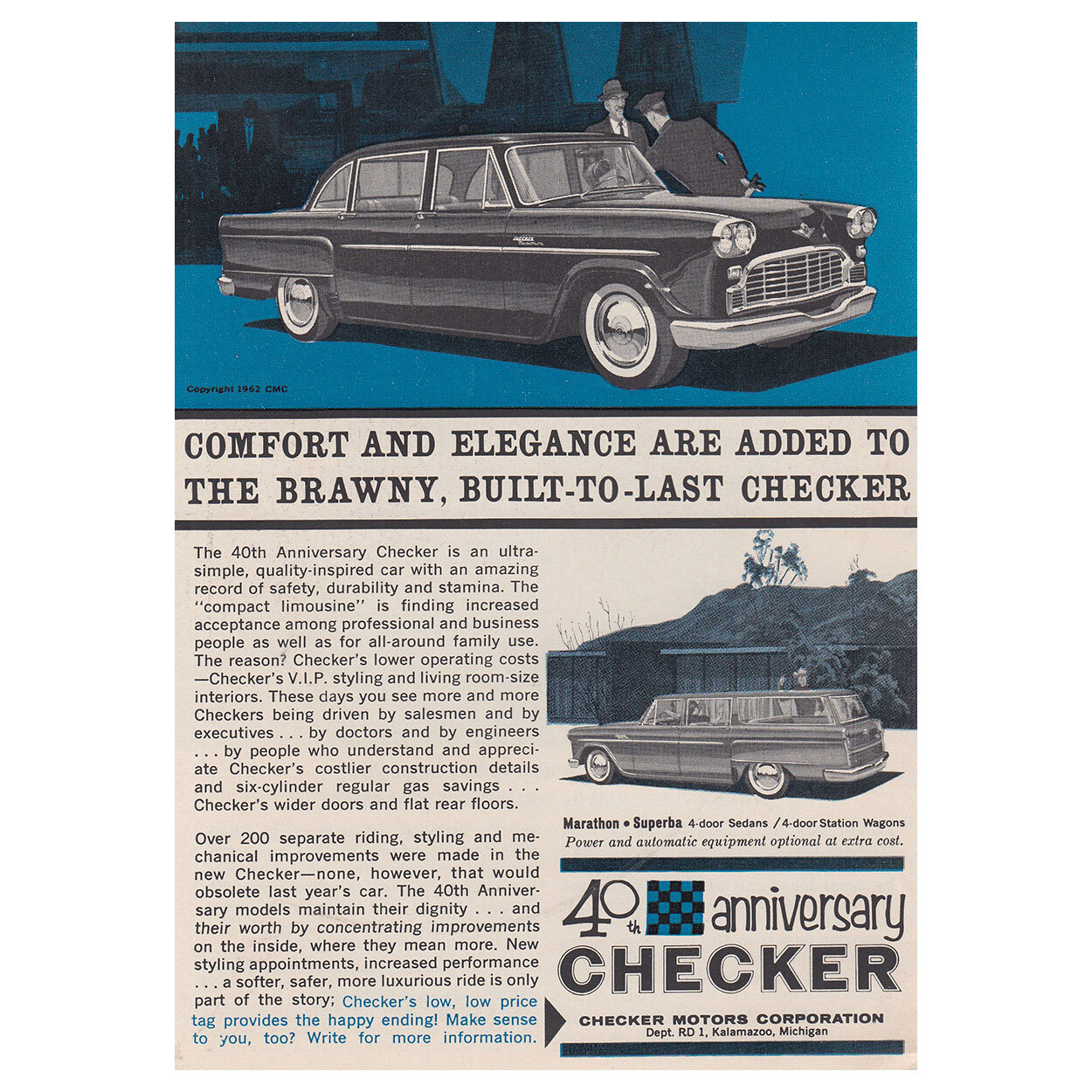 1962 Checker: 40th Anniversary, Comfort and Elegance Vintage Print Ad