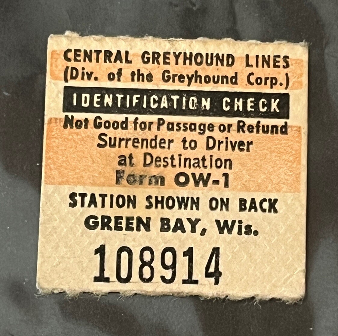 Antique Central Greyhound Lines Bus Ticket Stub Green Bay, Wisconsin