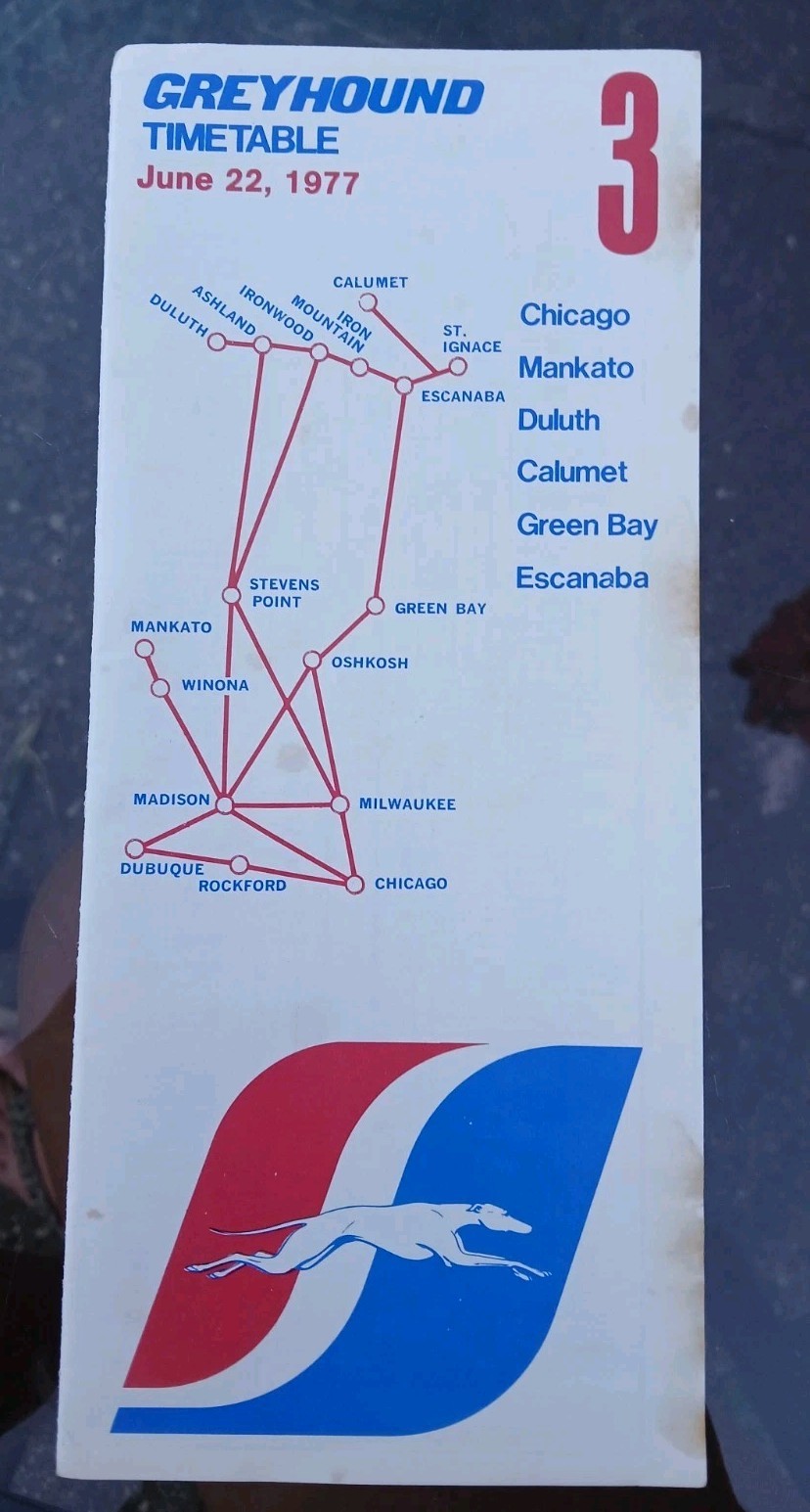 Greyhound Timetable June 22 1977 #3 Chicago Mankato Duluth Calumet Green Bay