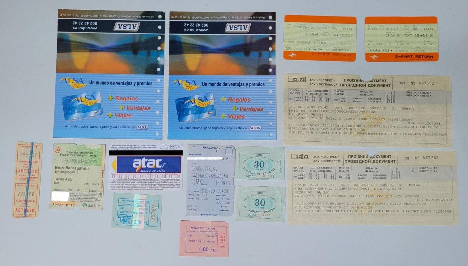 15 Travel tickets – USA, UK, Bulgaria, Germany, Spain, Ukraine bus, train, metro