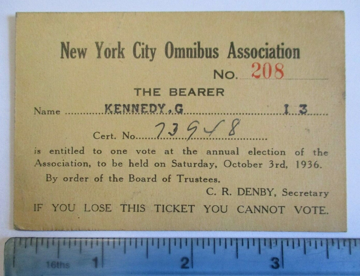 1936 New York City Omnibus Association Annual Election Voter Ticket Certificate