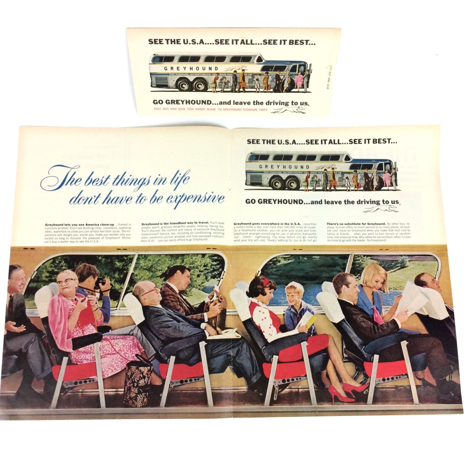 Greyhound Bus 1965 PRINT AD 2-PAGE + Ticket Fee Booklet Insert Travel Passenger