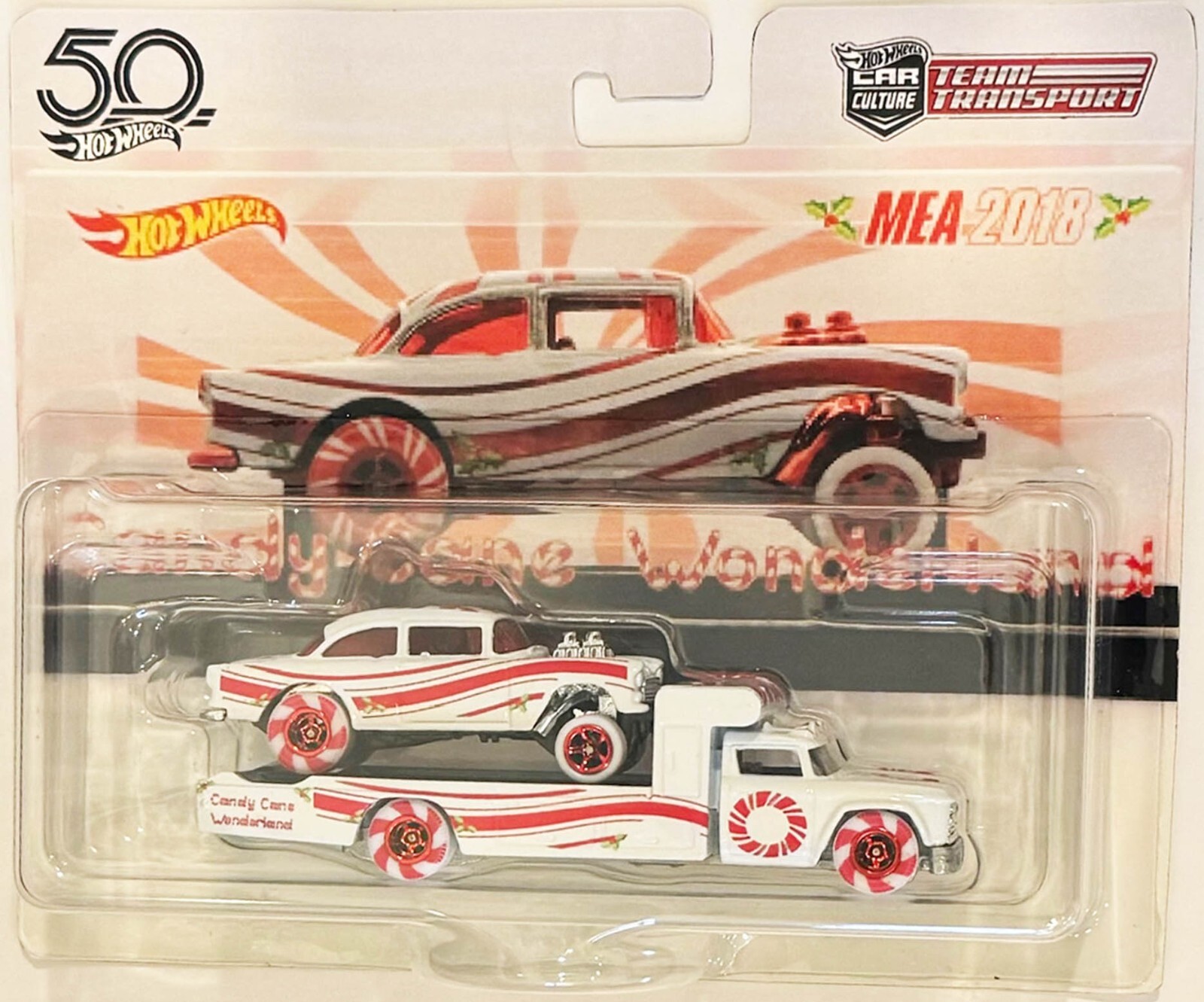 ’55 Chevy Bel Air Gasser Custom Hot Wheels Transport Candy Cane MEA Series w/RR