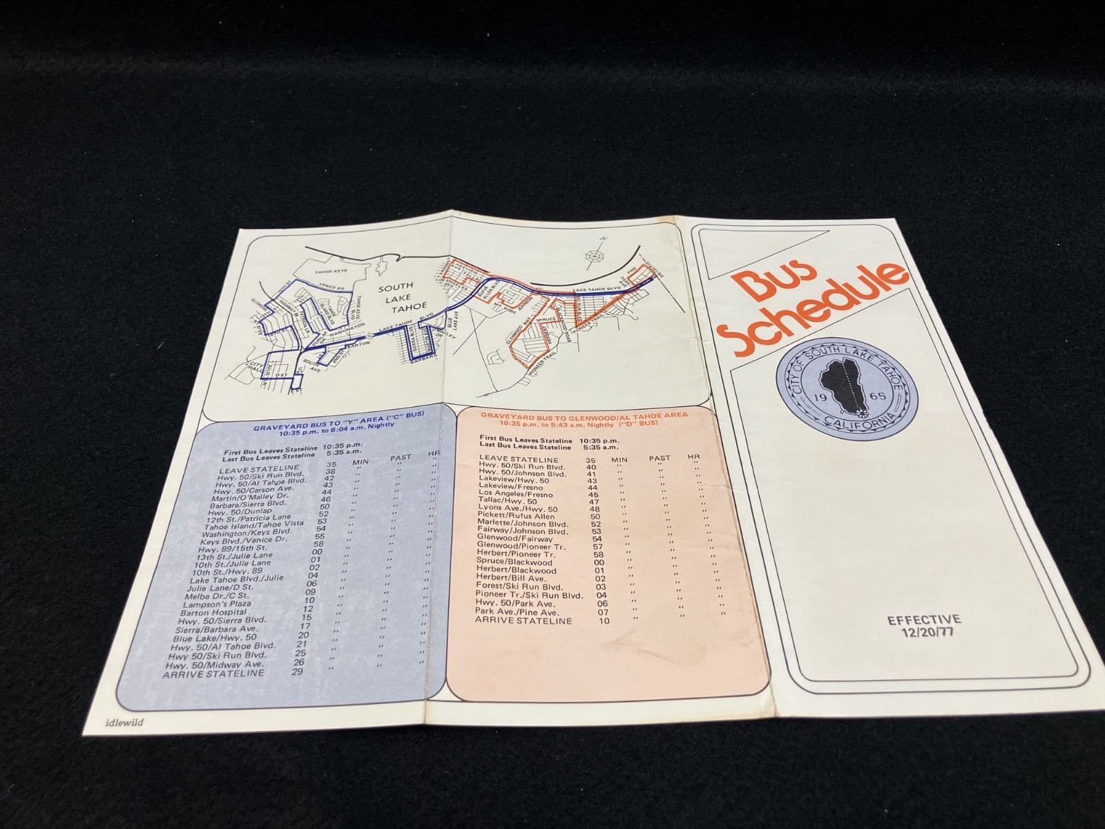 1977 SOUTH LAKE TAHOE, CALIFORNIA FOLDOUT BUS SCHEDULE
