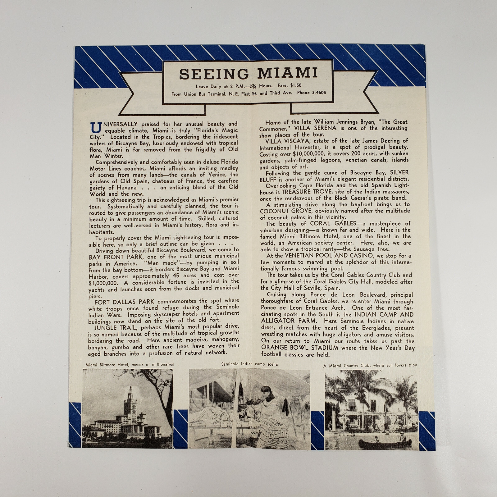 1940s Florida Motor Lines Travel Brochure Miami Palm Beach Bus Tours Gray Line