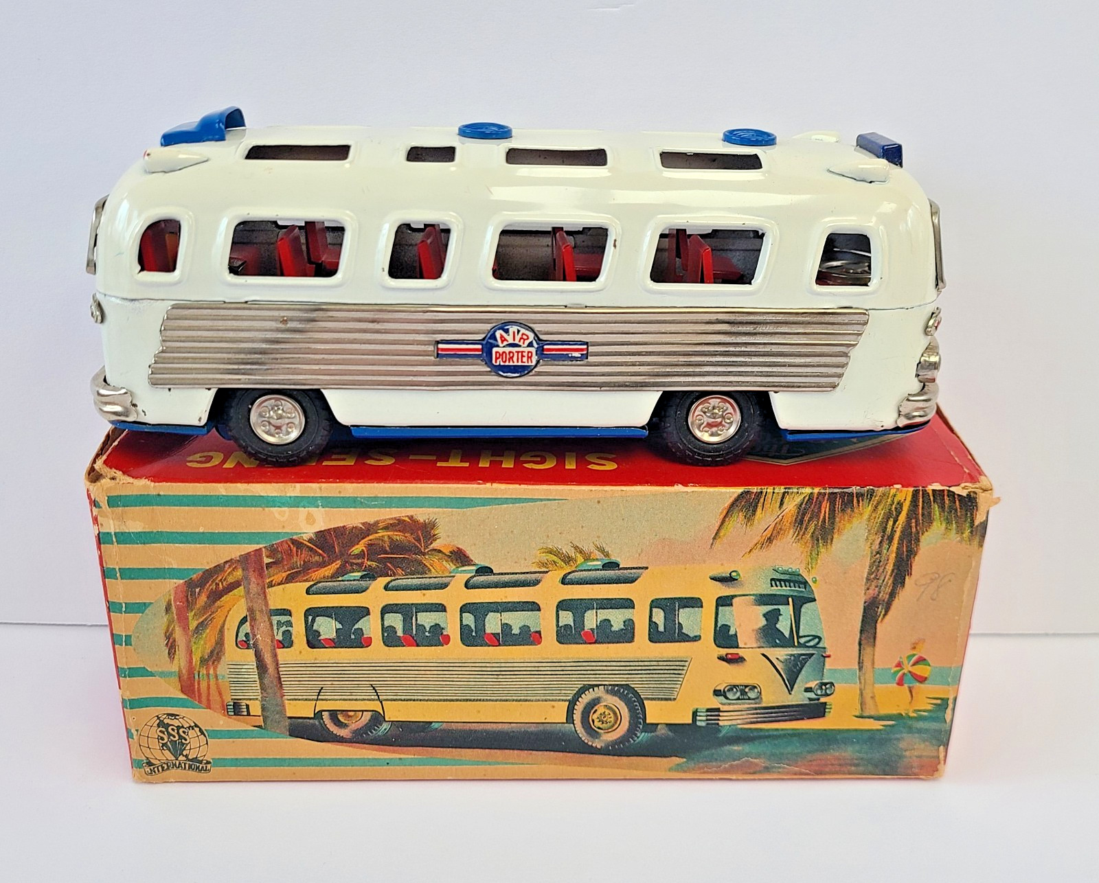 VINTAGE SSS JAPAN TIN FRICTION BUS AIR PORTER SIGHT SEEING WITH BOX 1950’S