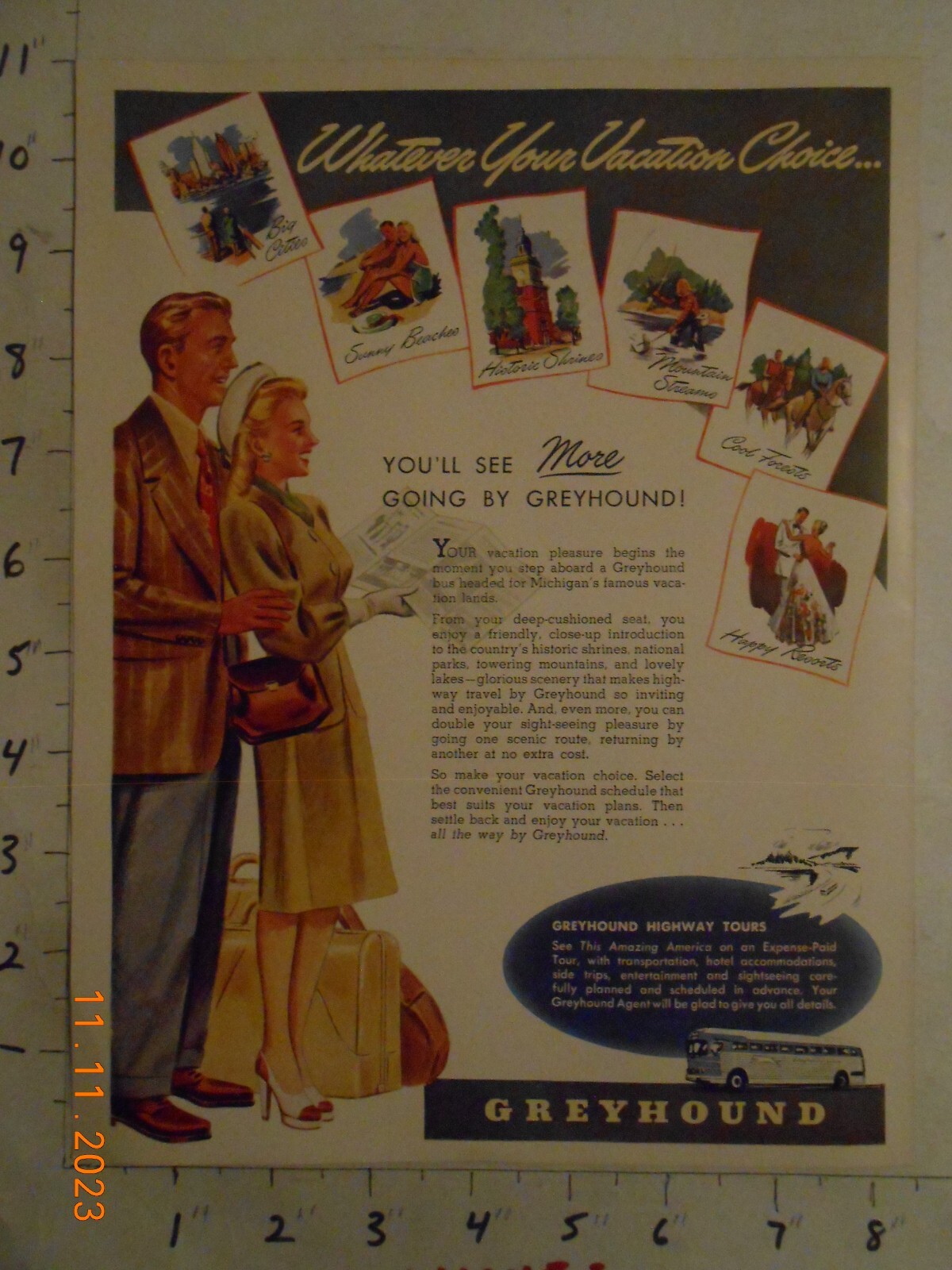 1947 Greyhound Bus print AD RARE Michigan vacation land couple waiting for bus