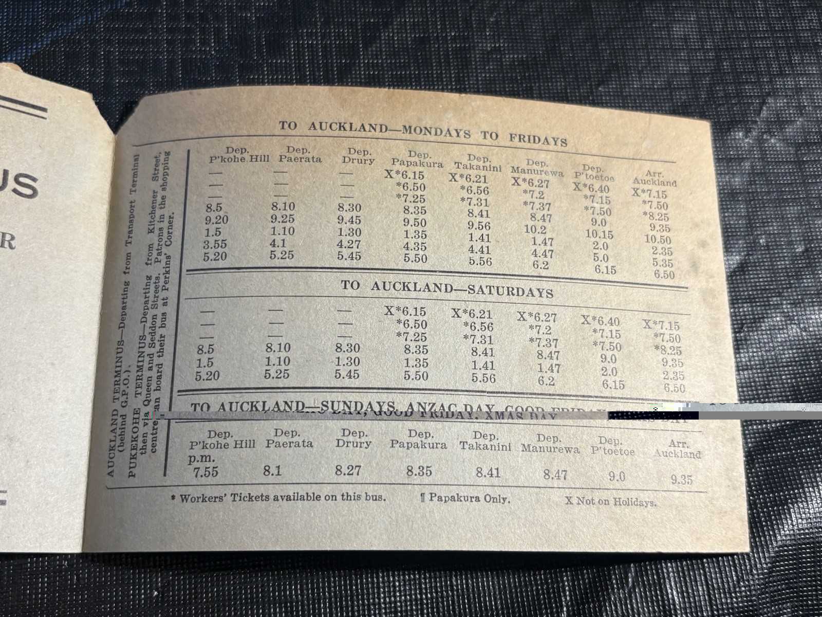 1943 Pukekohe- Auckland Bus Timetable Booklet – W.J. Wheeler & Sons Ltd.