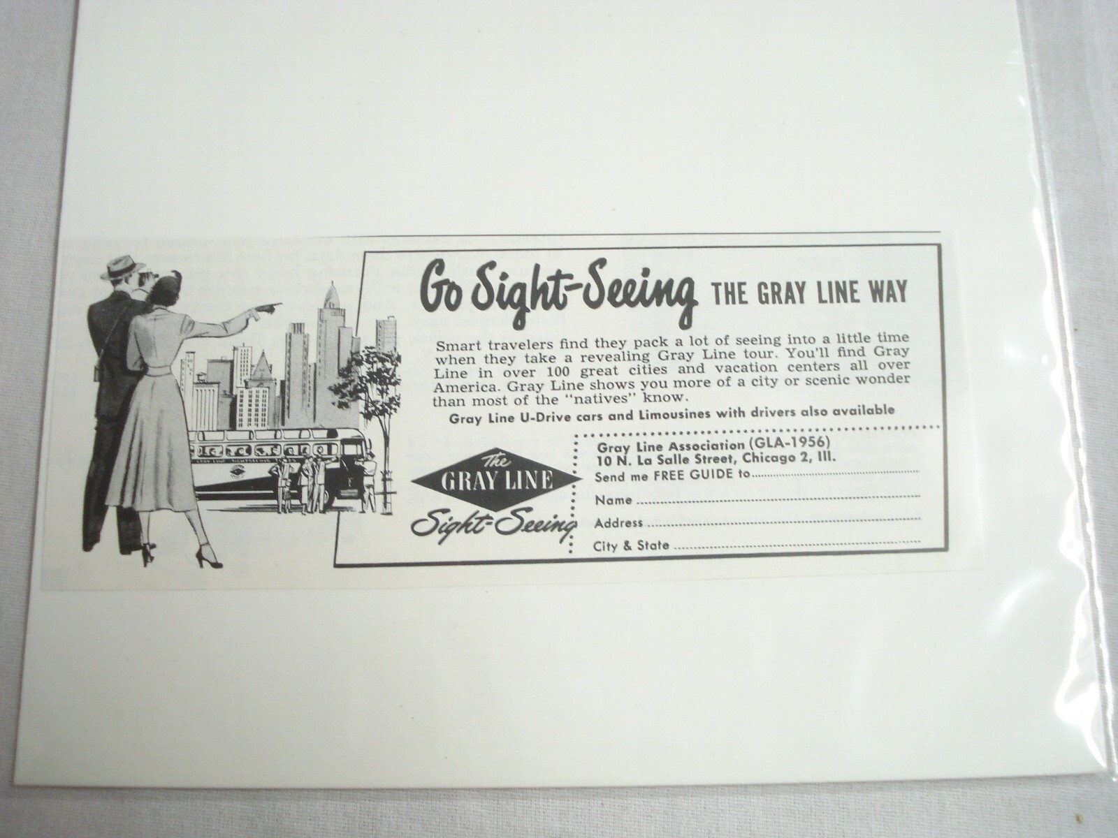 1958 Gray Line Bus Ad Go Sight-Seeing The Gray Line Way 5 3/4″x 2 1/4″ trimmed