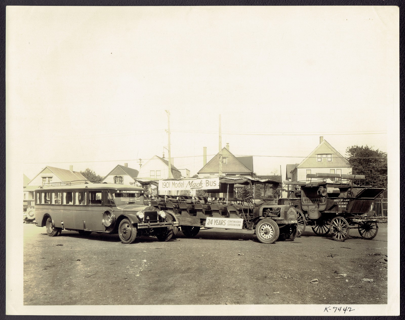 Historic 1925 8×10: 1901 Mack Bus & new model w/ Lang Body & 1890 Lang Coach