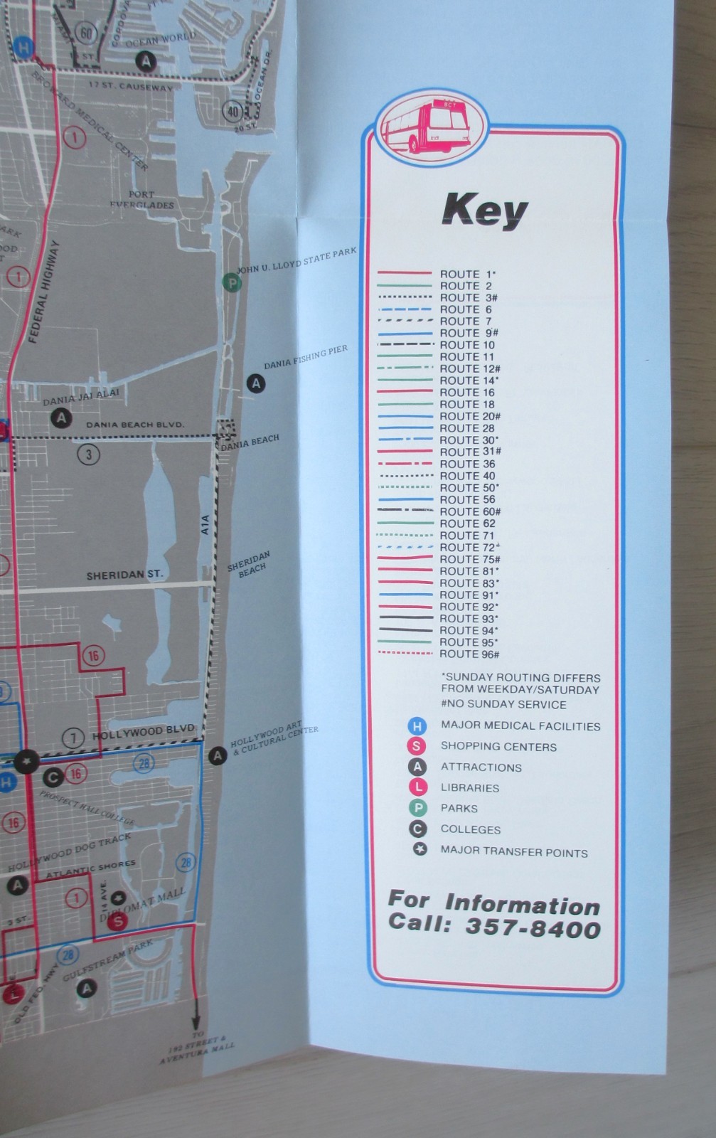 Vintage January 1986 Broward County Transit Bct Bus Map Guide Hollywood Florida