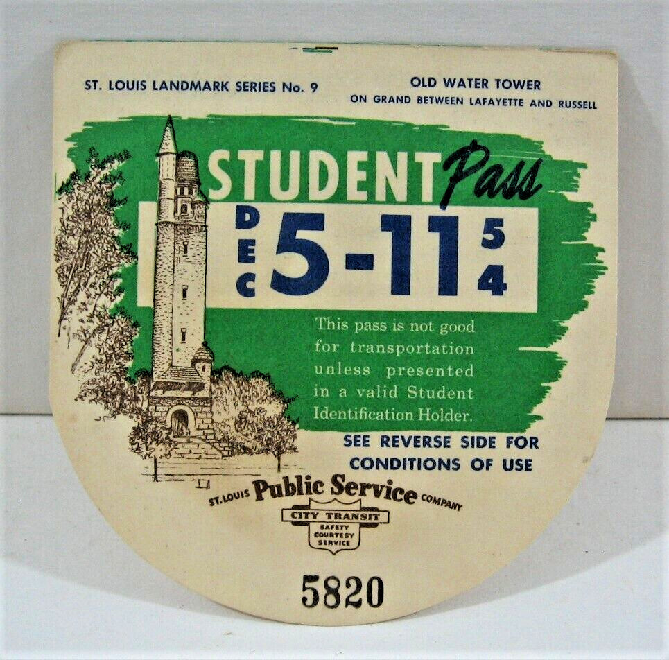 1954 St Louis Public Sedvice Co Student Bus Pass Old Water Tower Landmark Image