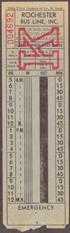 Rochester Bus Line Rochester MN transfer 1950s