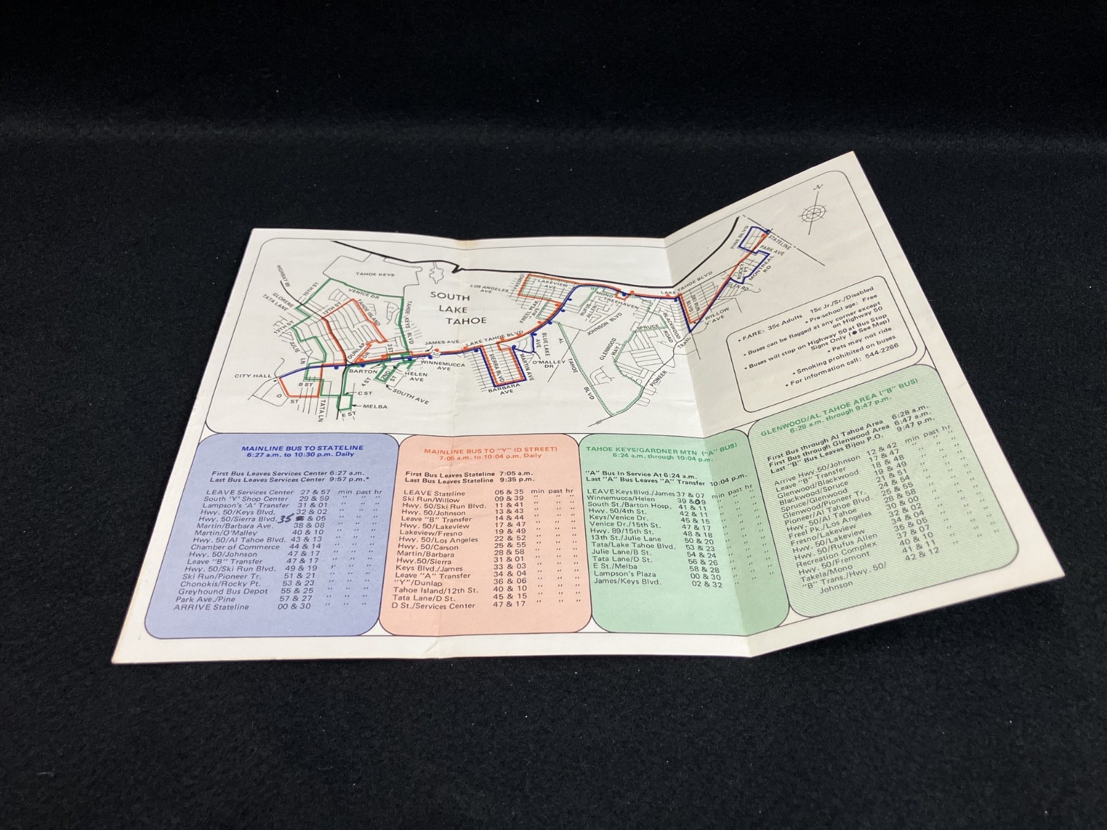 1977 SOUTH LAKE TAHOE, CALIFORNIA FOLDOUT BUS SCHEDULE