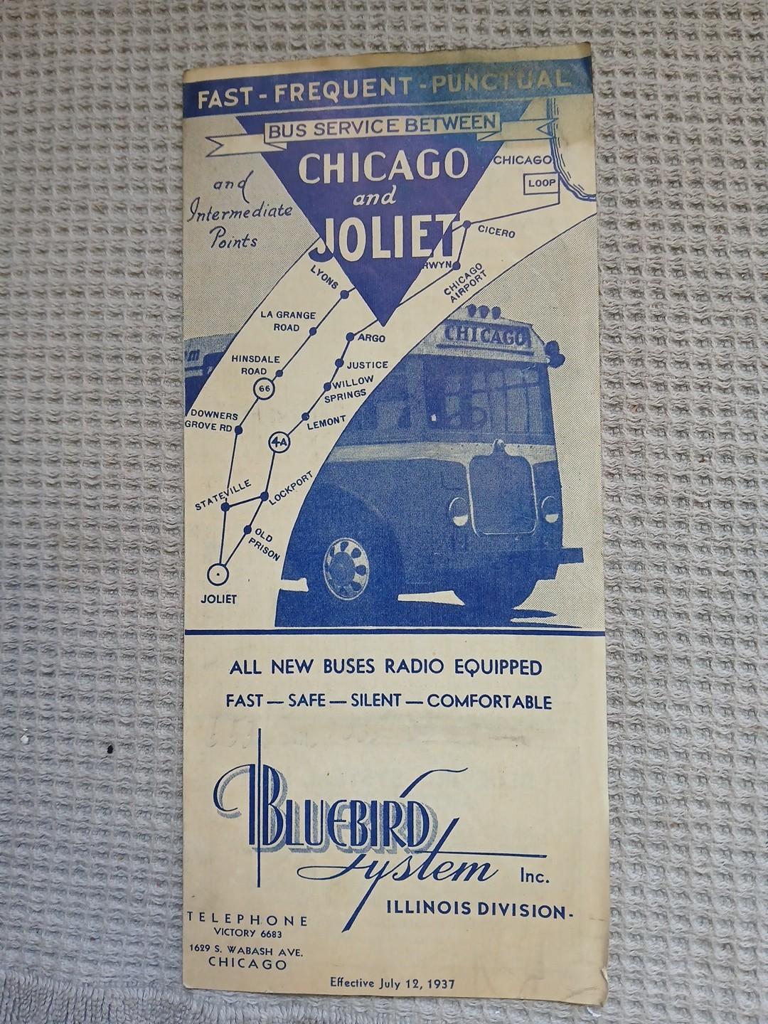 1937 Bluebird System Inc Chicago To Joliet Bus Service Time Table Ephemera