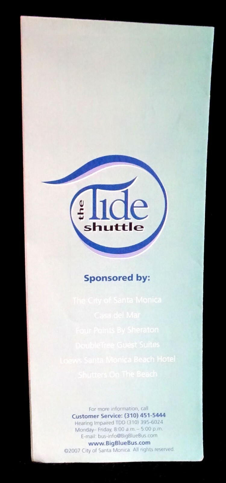 Vintage 2007 The Tide Shuttle Schedule Santa Monica CA