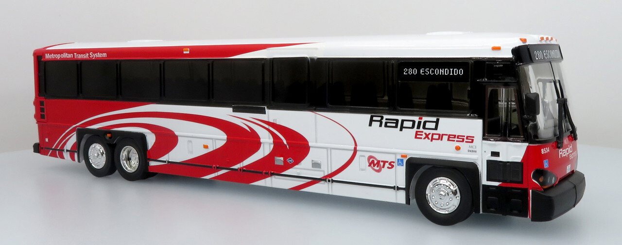 MCI D4500CT Coach Bus San Diego CA-MTS Rapid Exp 1:50 Scale Iconic Replicas New!
