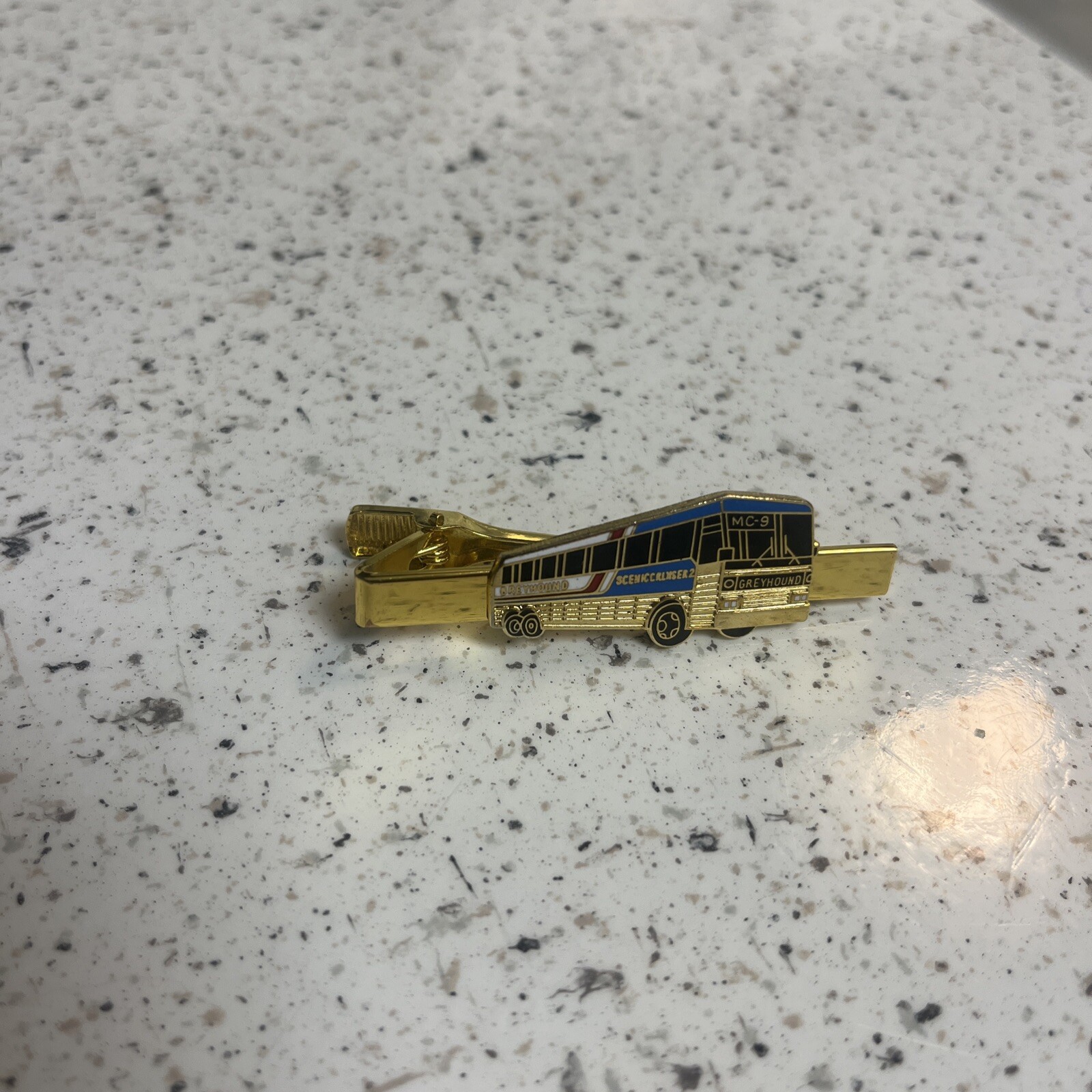 Greyhound bus Tie Bar, mc-9 bus, gold tie bar.