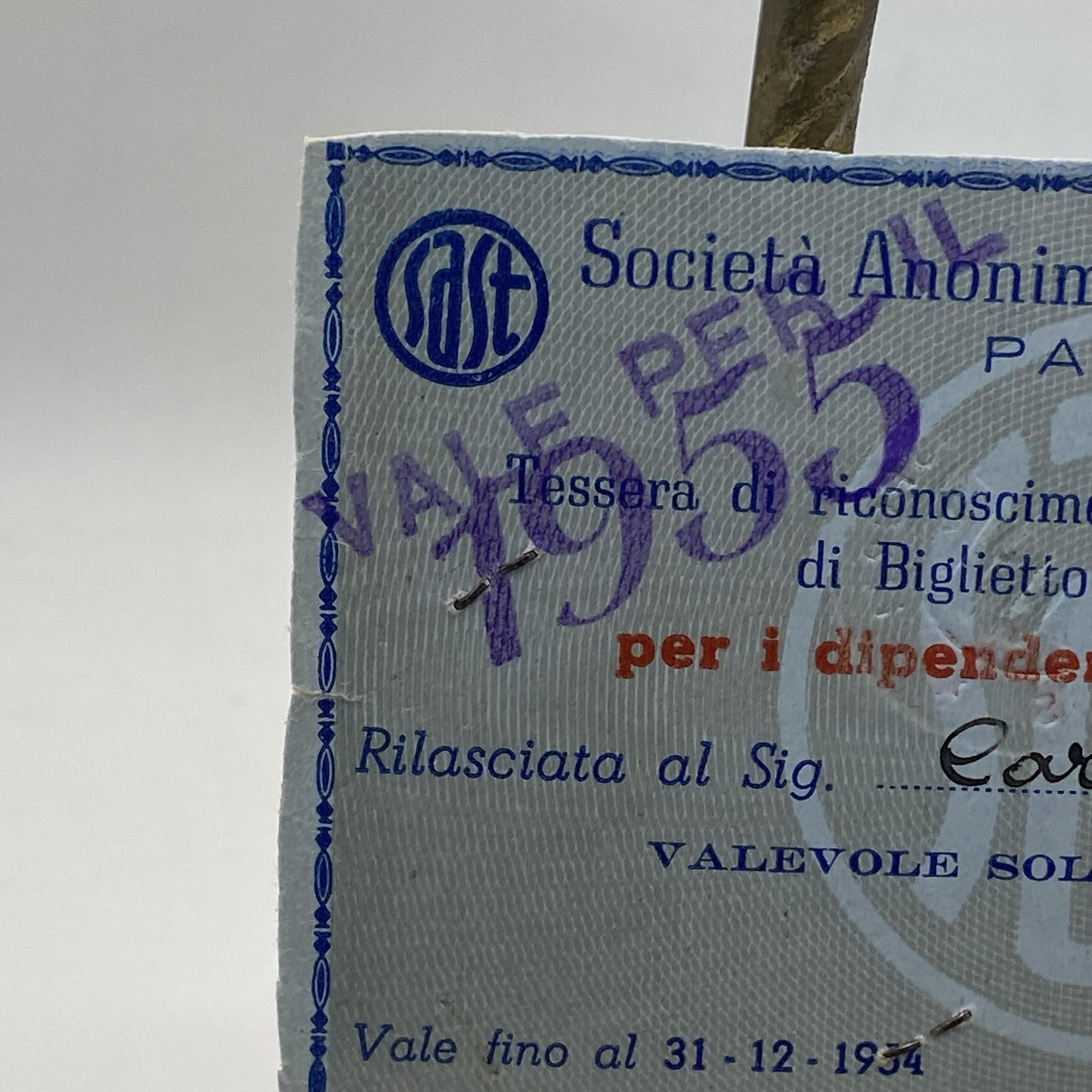 Vintage 1955 Societa Siciliana Trasporti Employee ID Card Photo Palermo Italy