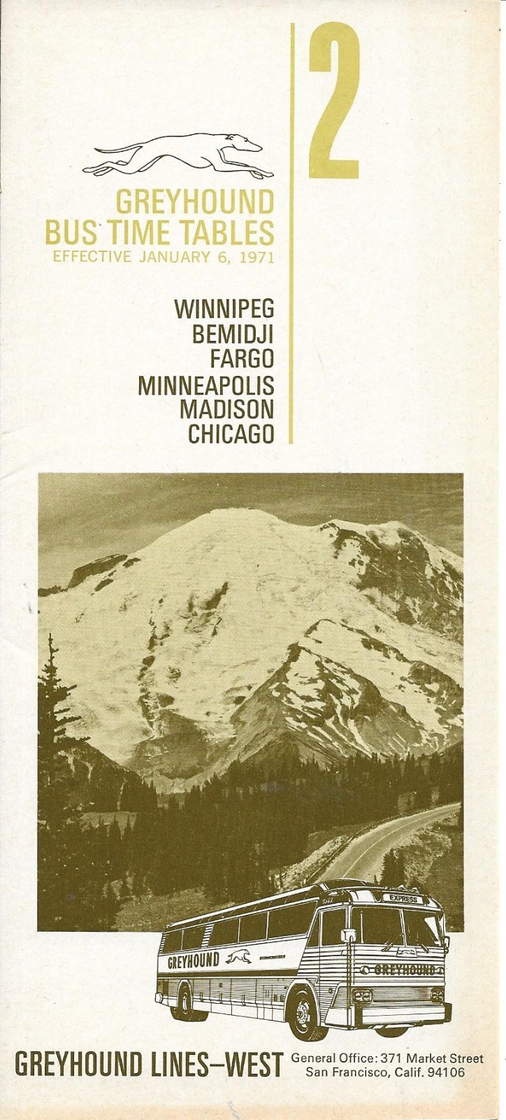 Greyhound Bus Schedule 1971 No. 2. Winnipeg Fargo Minneapolis Chicago.