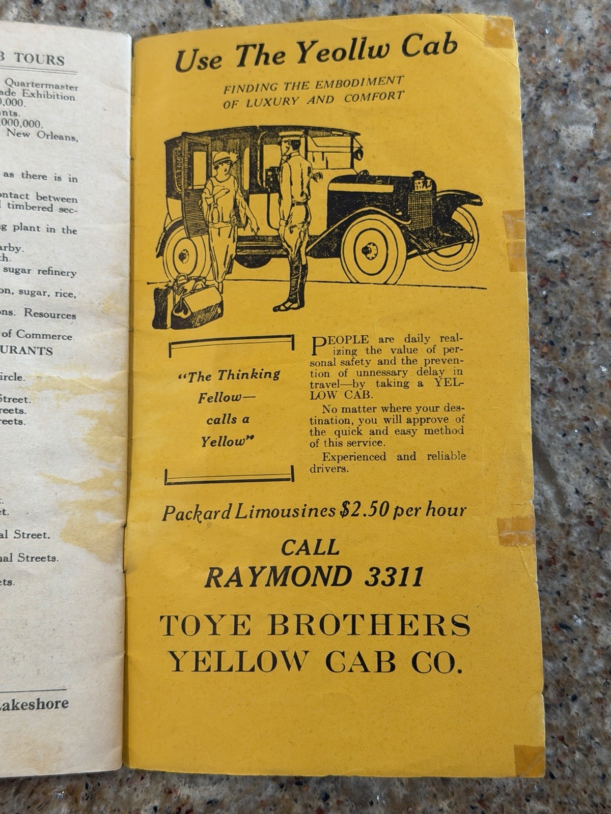 Vintage Travel Brochure 1929 Yellow Cab NEW ORLEANS Sightseeing Tours