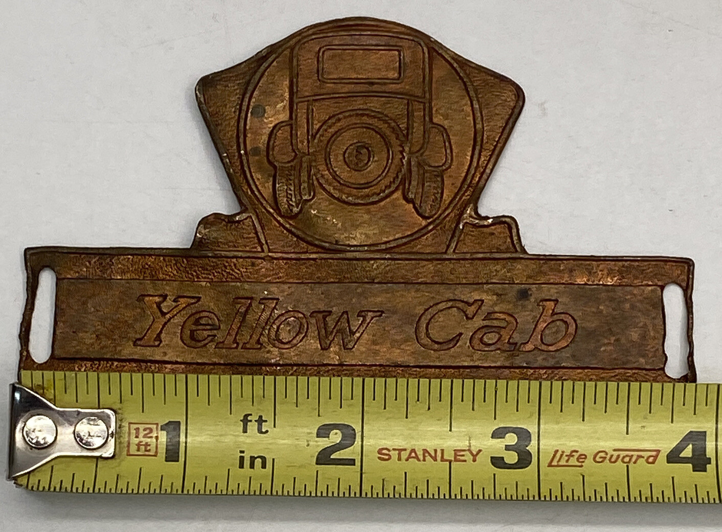VINTAGE 1920S COPPER YELLOW CAB DRIVERS HAT BADGE GAS OIL ADVERTISING