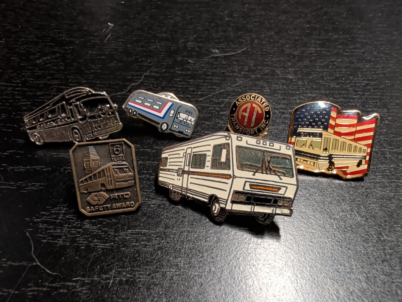 Lot of 6 Bus Theme Vintage Lapel Hat Pins Gold Silver Tone Enamel